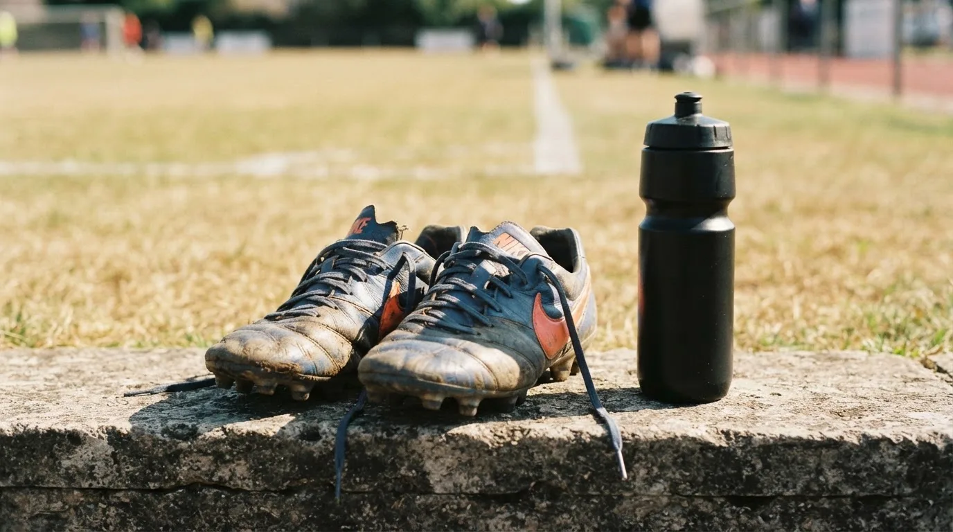 Ein Paar abgetragene Fussballschuhe steht neben einer Wasserflasche auf einer Treppenstufe im Sonnenlicht.
