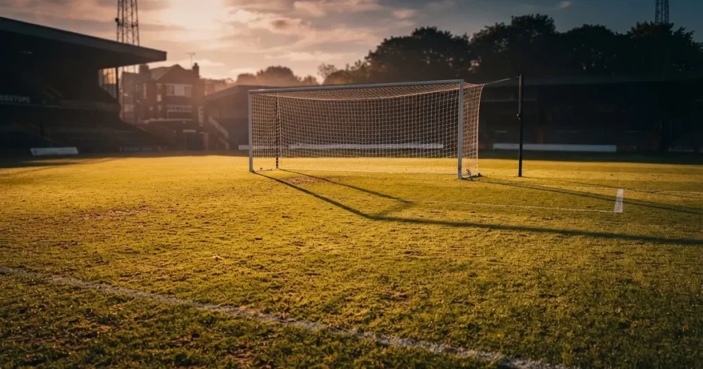 Ein Fussballplatz im Abendlicht mit langen Schatten der Torpfosten, die Rasenfläche leuchtet gelblich.