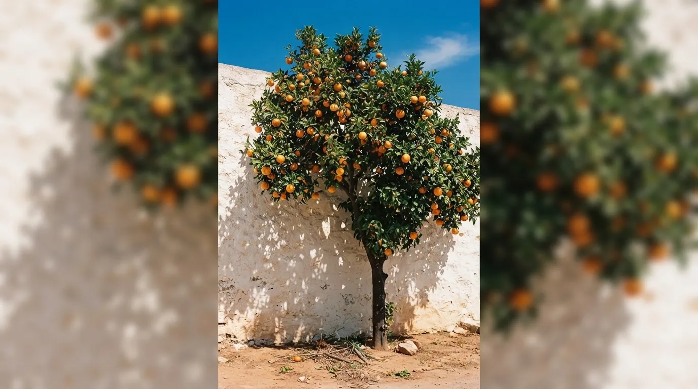 Ein Orangenbaum mit reifen Früchten wächst an einer weissen Mauer unter blauem Himmel.