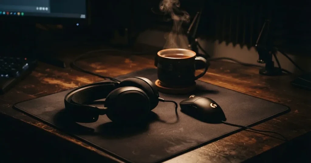 Ein Headset und eine Computermaus liegen auf einem dunklen Schreibtisch, daneben ein Becher mit dampfendem Tee.