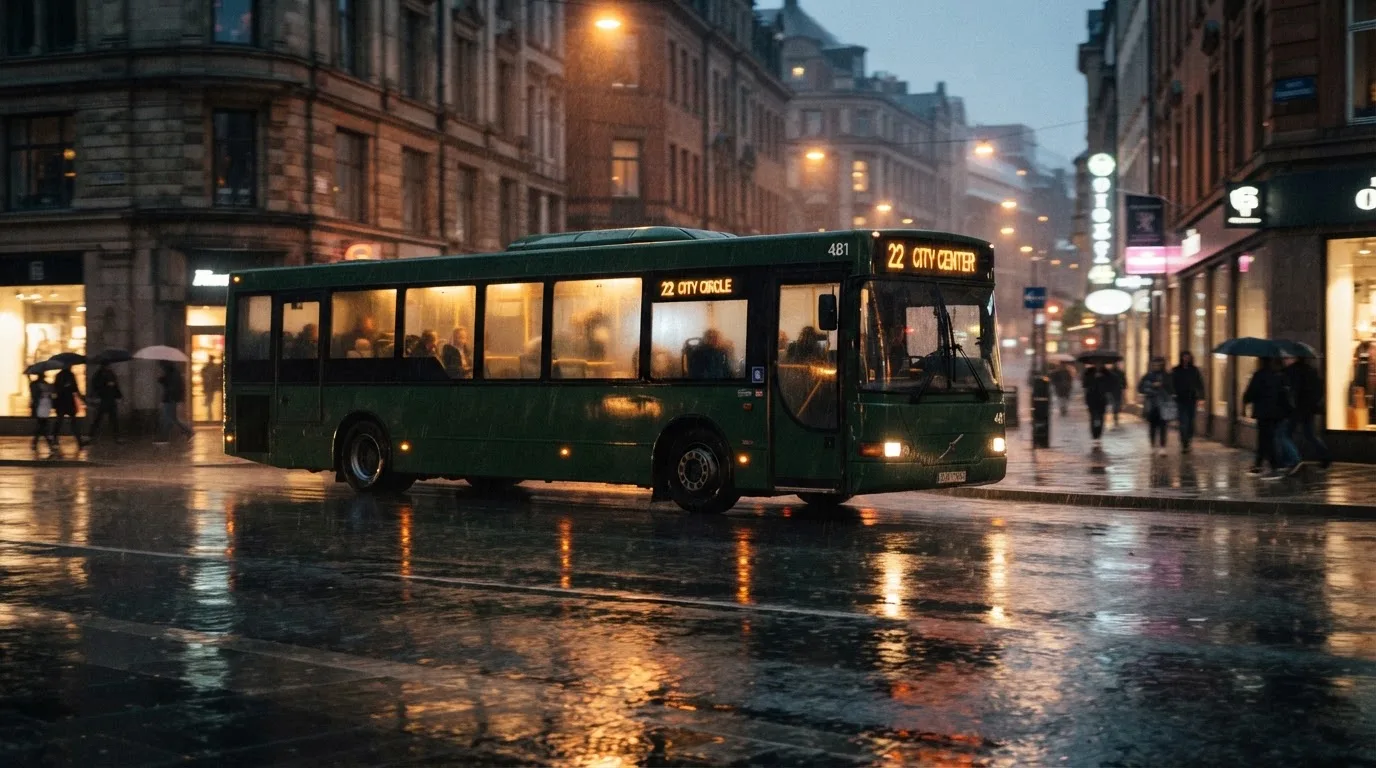 Ein Stadtbus fährt an einem regnerischen Abend durch eine Strasse mit Pfützen, die Lichter spiegeln sich im Asphalt.