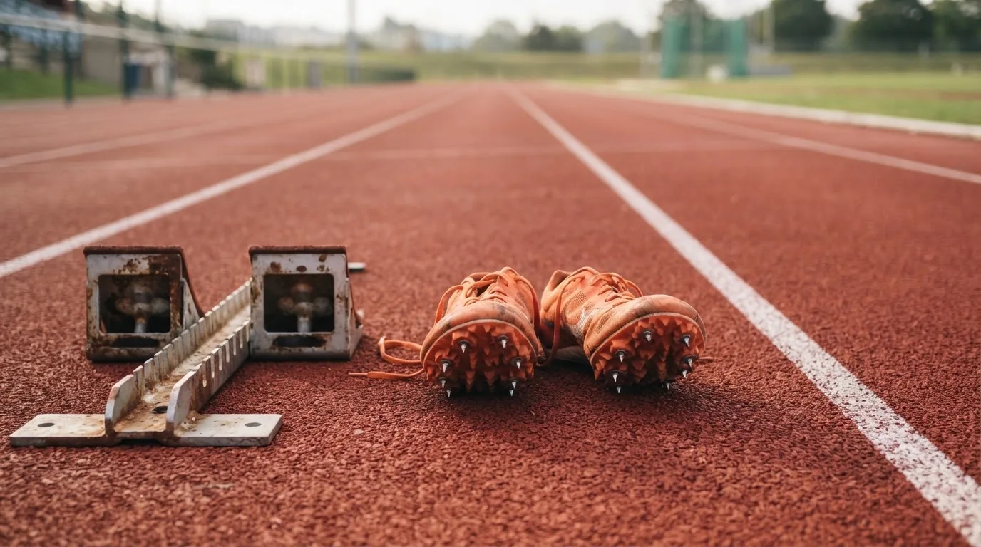 Ein Paar Laufschuhe mit Spikes liegt auf einer Tartanbahn neben einem Startblock, die Linien verlaufen in die Ferne.