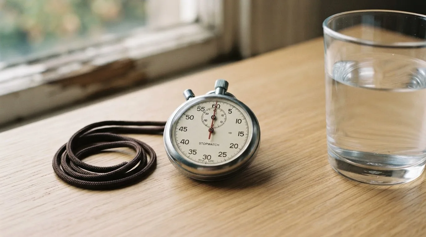 Eine Stoppuhr an einer Schnur liegt auf einem Holztisch neben einem Wasserglas, das Licht ist ruhig.