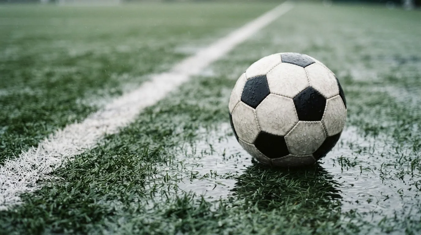 Ein Fussball liegt auf nassem Kunstrasen neben einer weissen Linie, Pfützen spiegeln den Himmel.