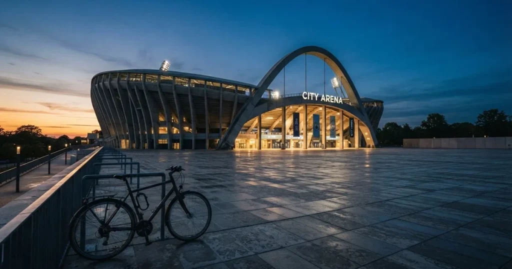 Ein Stadionrund von aussen in der Dämmerung, Betonbögen und leerer Vorplatz, ein Fahrrad lehnt am Geländer.