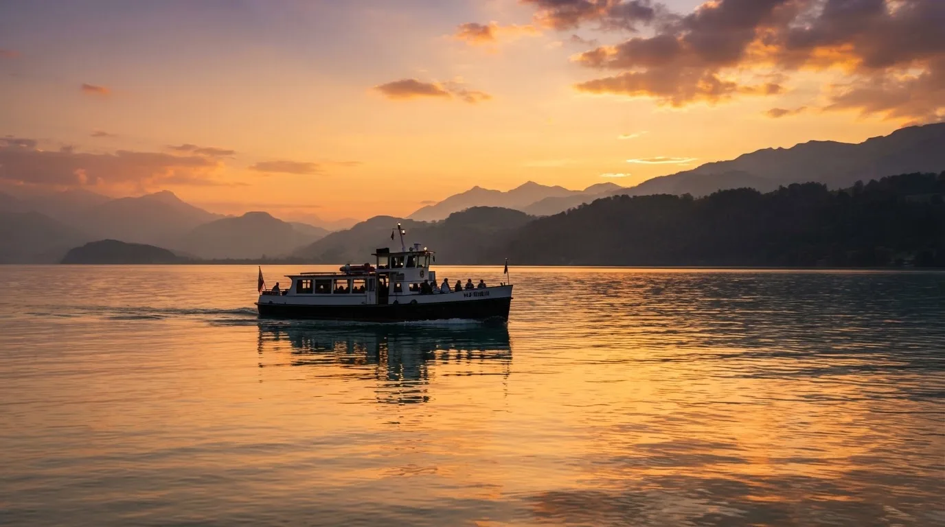 Eine Fähre gleitet bei Sonnenuntergang über einen ruhigen See, das Wasser glänzt in Orange.