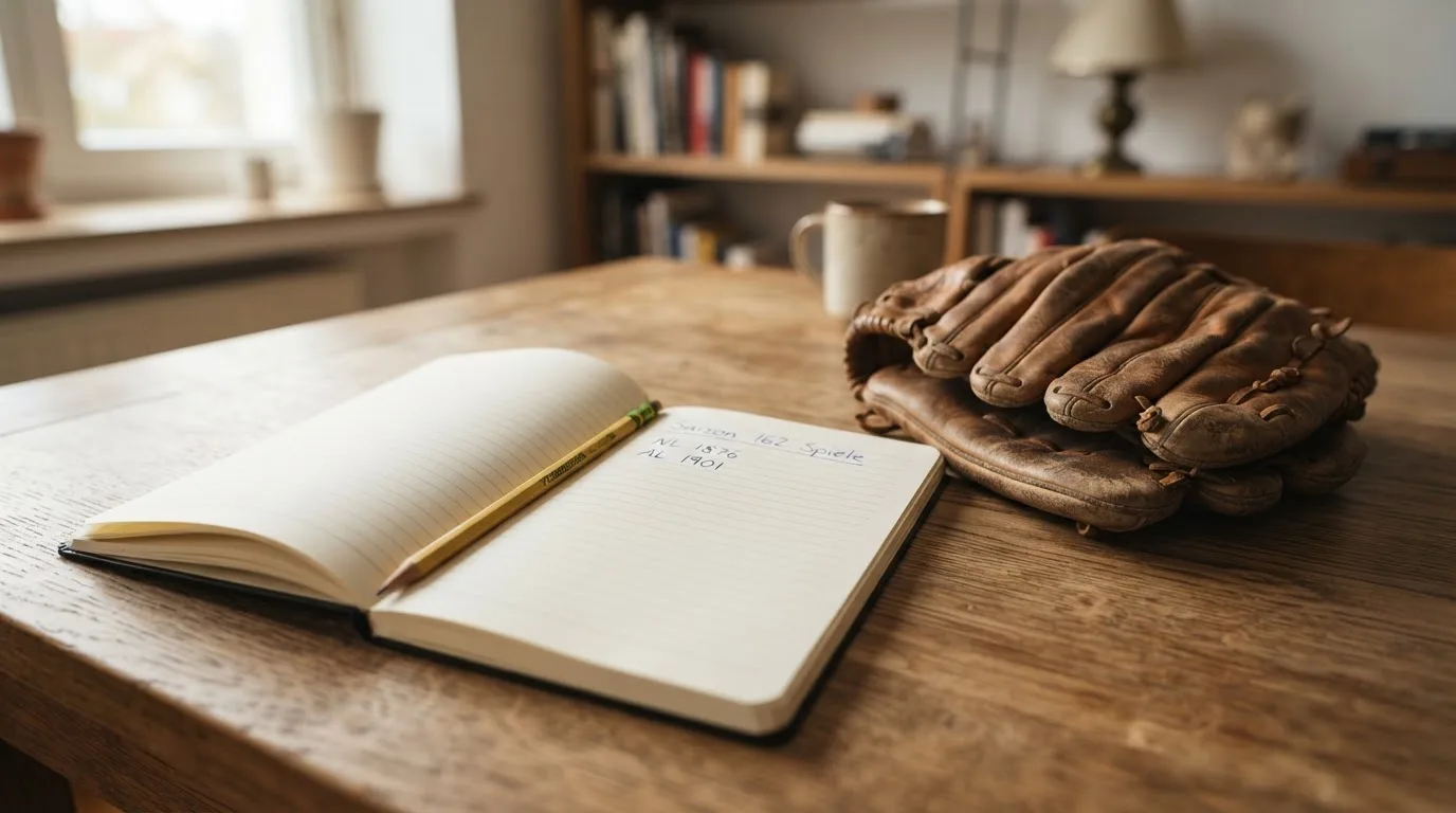 Ein aufgeschlagenes Notizbuch mit handgeschriebenen Notizen und ein Bleistift liegen auf einem Holztisch neben einem abgegriffenen Baseballhandschuh.