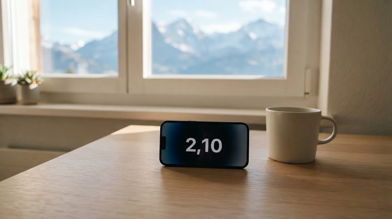 Ein Smartphone mit dunklem Bildschirm liegt auf einem hellen Schreibtisch neben einer Tasse, durch das Fenster dahinter sieht man eine Bergkette.