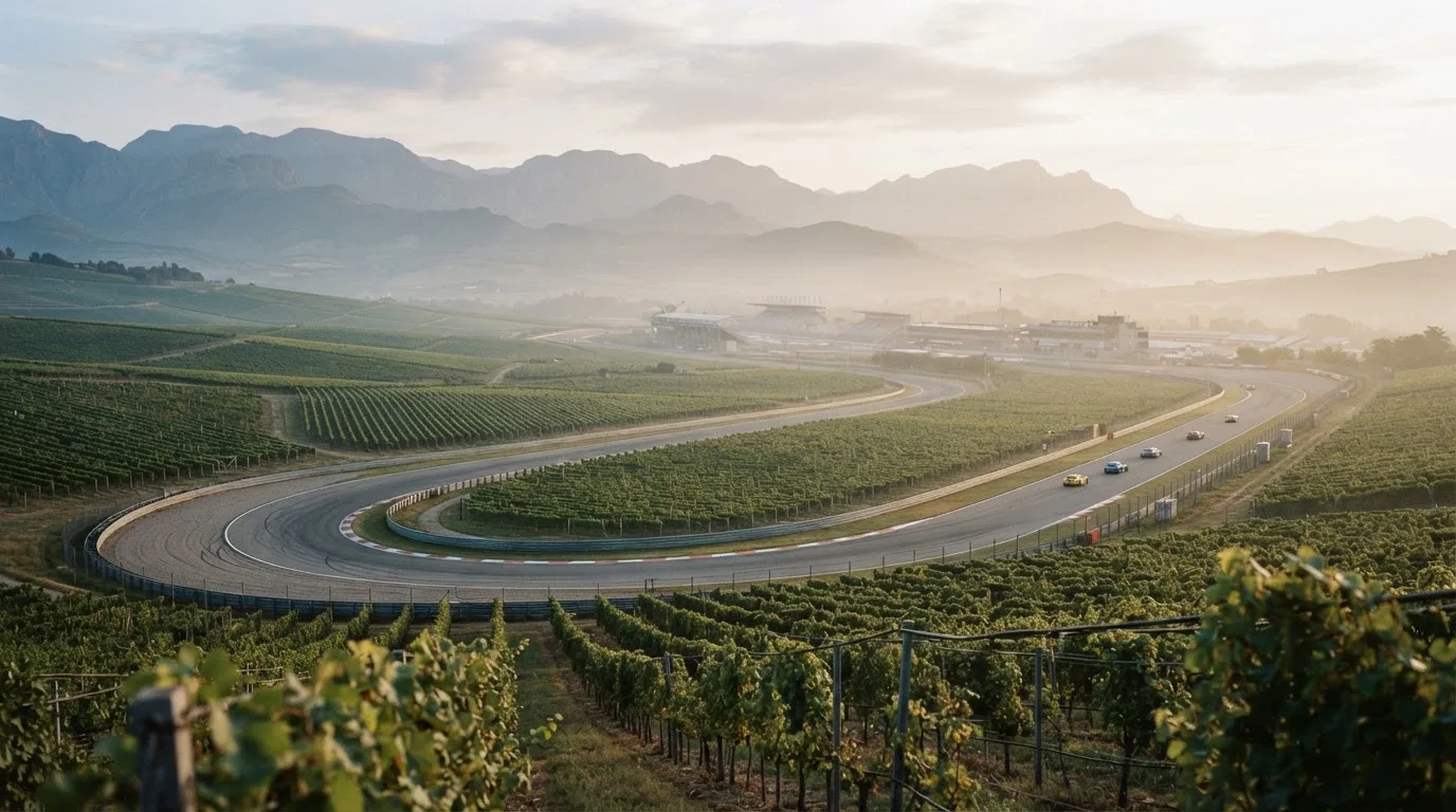 Eine Rennstrecke aus der Ferne zwischen Weinbergen und einer Bergkette, Dunst liegt am frühen Morgen über dem Asphalt.