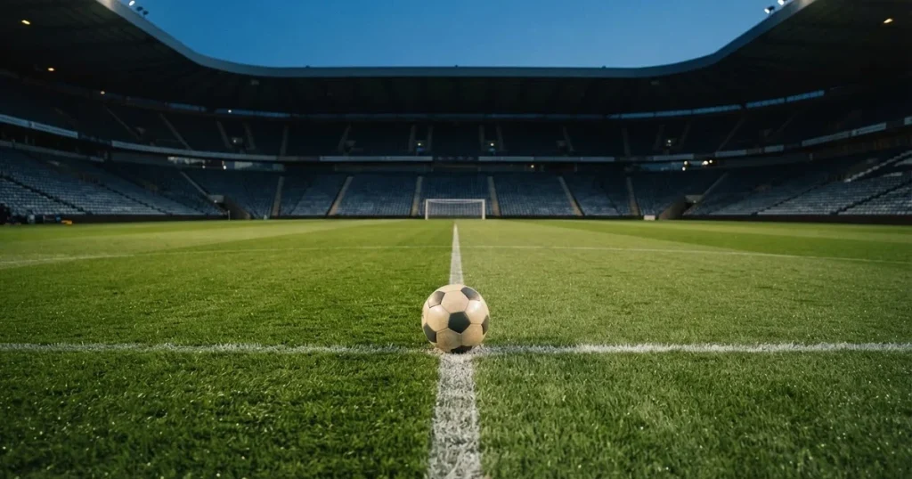 Ein Fussball liegt auf dem Mittelpunkt eines leeren Rasens, im Hintergrund steigen steile Tribünen in der Dämmerung auf.