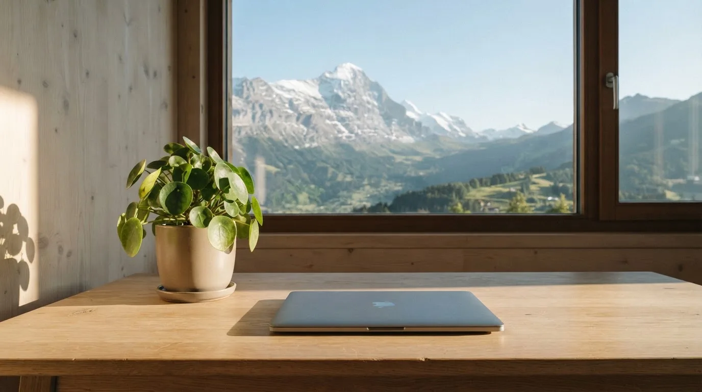 Ein Schreibtisch mit einem geschlossenen Laptop und einer Zimmerpflanze vor einem Fenster mit Blick auf eine Bergkette im Morgenlicht.