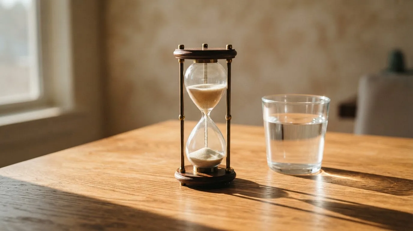 Eine Sanduhr steht auf einem Holztisch neben einem Glas Wasser, schräges Morgenlicht wirft einen langen Schatten über die Tischplatte.