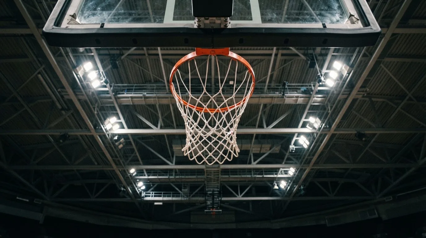 Ein Basketballkorb von unten gesehen, darüber eine Hallendecke mit Scheinwerfern und Stahlträgern.