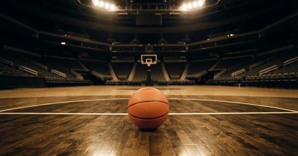Ein orangefarbener Basketball liegt auf dem Parkett einer leeren Halle unter hellem Flutlicht, die Tribünen sind dunkel.