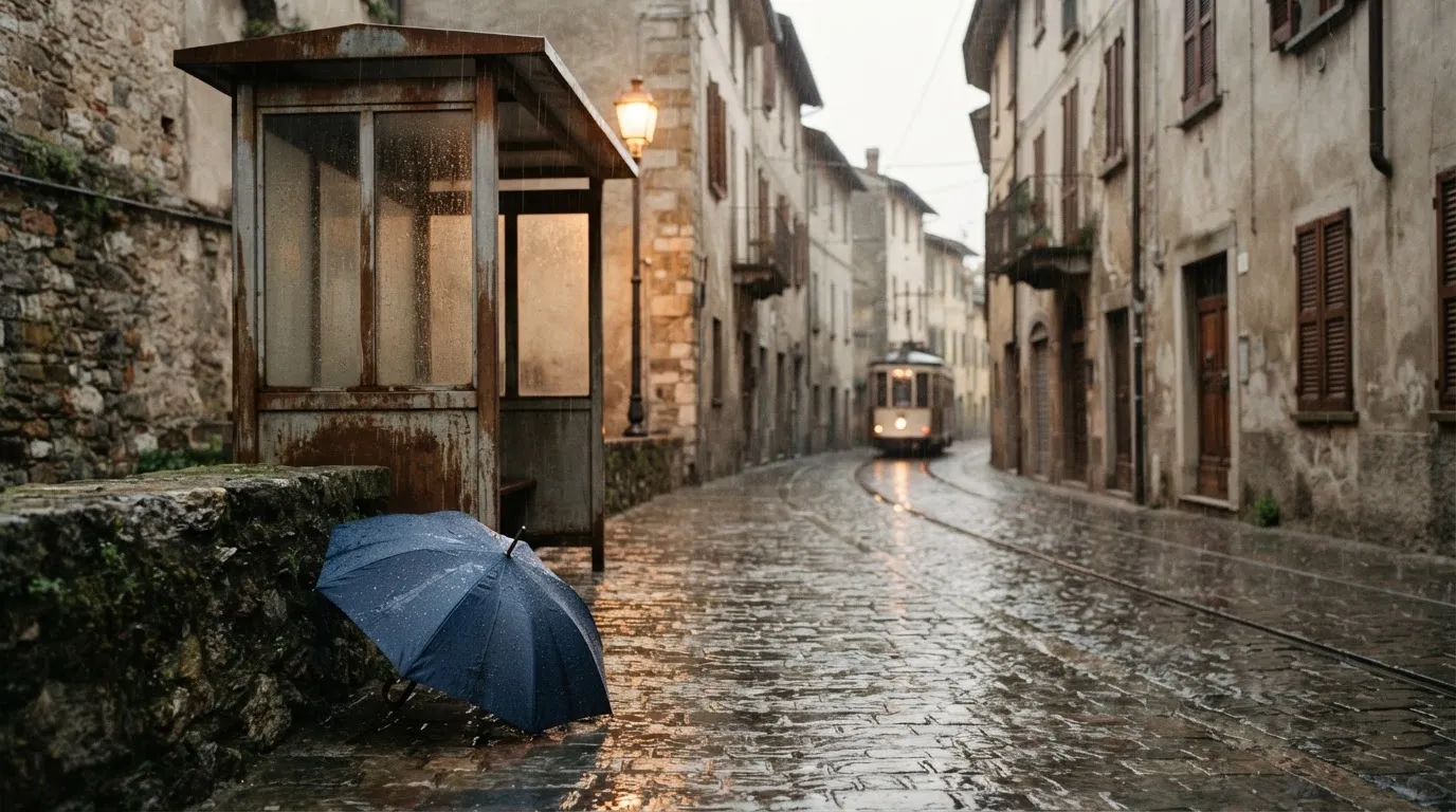 Eine Tramhaltestelle bei Regen in einer Altstadtgasse, das Kopfsteinpflaster glänzt und ein einzelner Regenschirm lehnt an einem Mäuerchen.