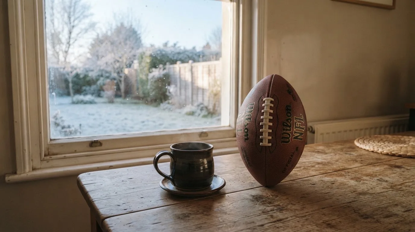 Ein Kaffeebecher und ein Football stehen auf einem Küchentisch am Morgen, durch das Fenster sieht man einen Garten mit Raureif.