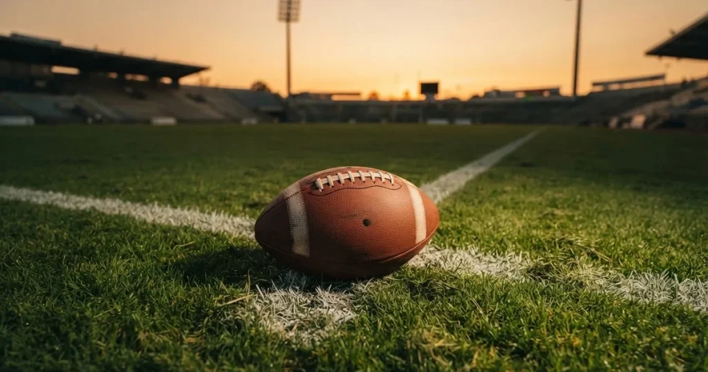 Ein ovaler Football liegt auf frisch gemähtem Rasen neben einer weissen Linie, im Hintergrund stehen leere Flutlichtmasten im Abendlicht.