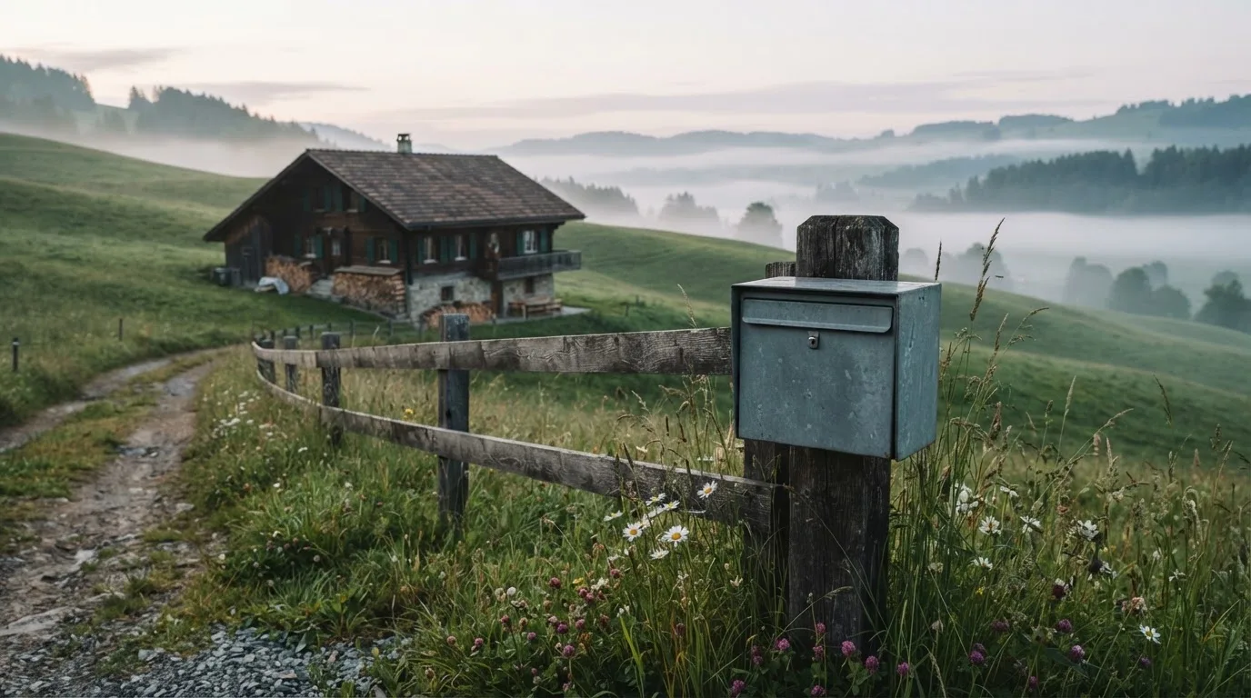 Ein Briefkasten an einem Holzzaun vor einem Bauernhaus in einer Hügellandschaft, auf den Wiesen liegt Frühnebel.