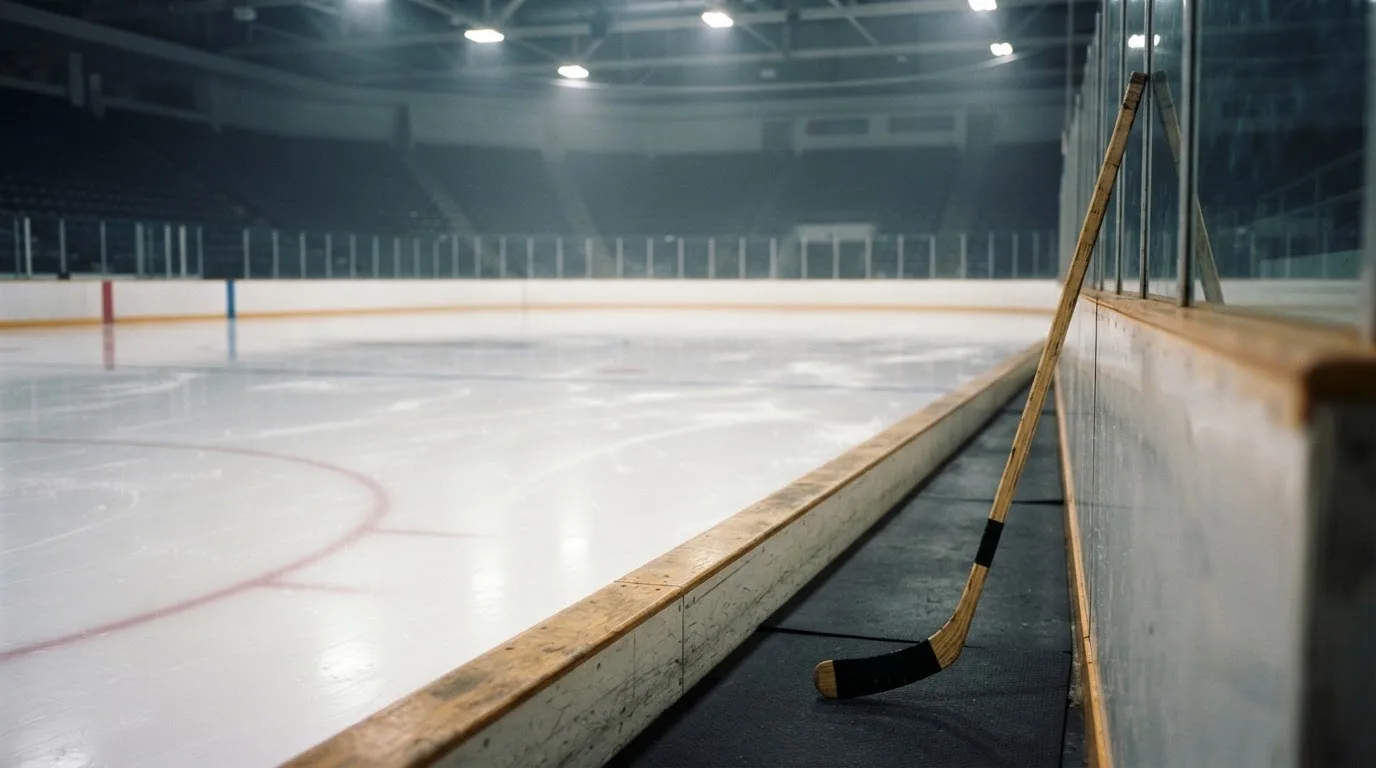Ein Eishockeyschläger lehnt an der Bande, in der Ferne liegt die hell beleuchtete Eisfläche einer Halle unter Flutlicht.