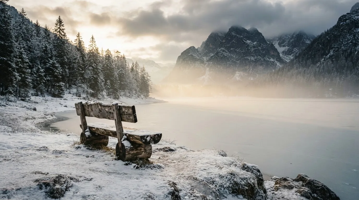 Ein zugefrorener Bergsee im Morgendunst, am Ufer steht eine einsame Holzbank zwischen verschneiten Tannen.