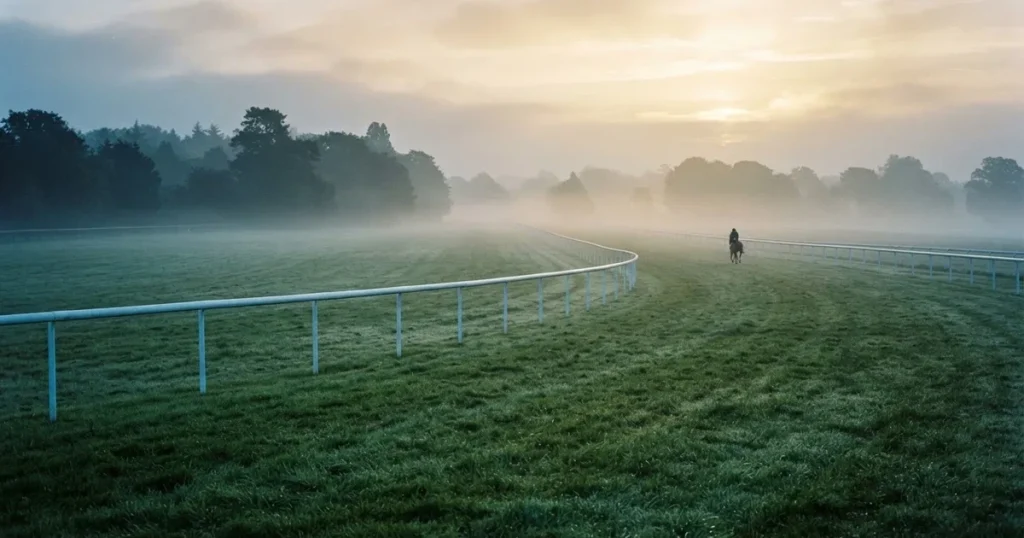 Eine Galoppbahn mit Rasen und weissen Begrenzungen im Morgennebel, in der Ferne trabt ein einzelnes Pferd beim Training.
