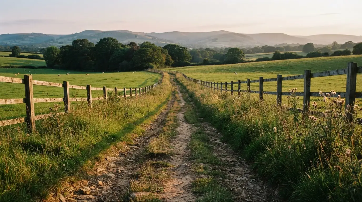 Ein Feldweg führt zwischen Weiden mit Holzzaun auf eine Hügelkette zu, über den Wiesen liegt weiches Abendlicht.