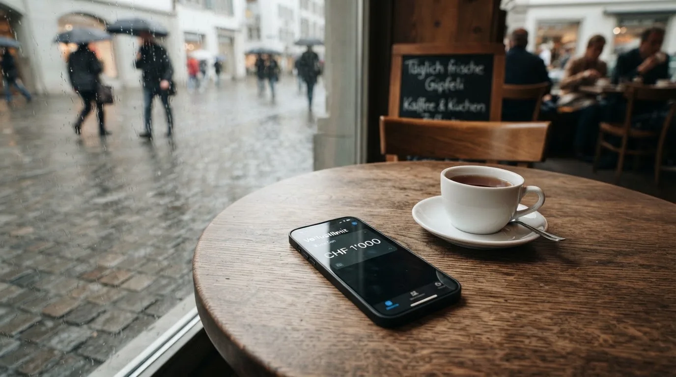 Ein Café-Tisch am Fenster mit einer Teetasse, draussen ein nasser Gehweg und Passanten mit Regenschirmen in unscharfer Ferne.