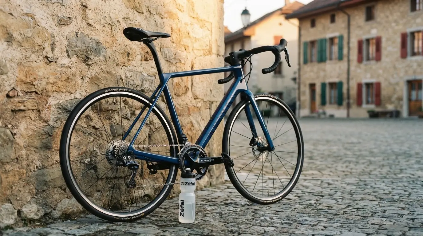 Ein Rennrad lehnt an einer Steinmauer am Rand eines Dorfplatzes, daneben eine Trinkflasche im ersten Sonnenlicht.