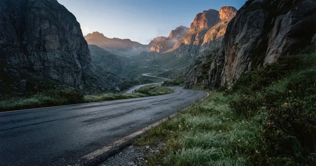 Eine Landstrasse schlängelt sich einen Alpenpass hinauf, am Strassenrand liegt feuchtes Gras und die Morgensonne färbt die Felsen.