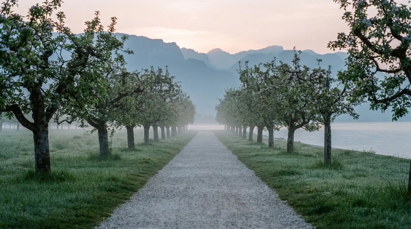 Ein langer Kiesweg zwischen Obstbäumen am Seeufer, im Hintergrund die Silhouette von Bergen im Dunst eines frühen Morgens.