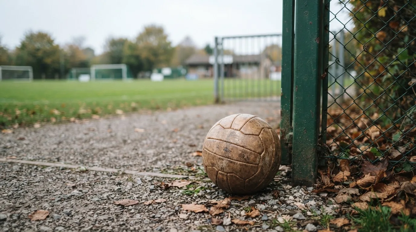 Ein abgenutzter Fussball liegt auf einem Kiesweg neben dem Eingang eines Vereinsplatzes, Laub liegt auf dem Boden.