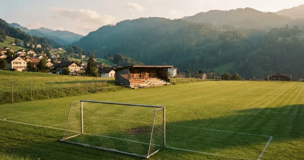 Ein kleiner Fussballplatz mit einfacher Holztribüne und Rasenstreifen am Rand einer Ortschaft, im Hintergrund ein bewaldeter Hügel im Abendlicht.