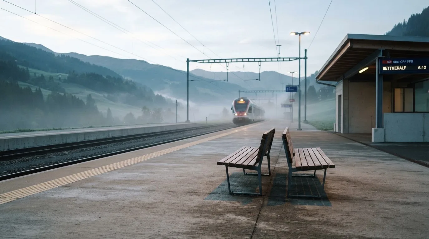 Ein Bahnsteig mit leeren Bänken an einem Regionalbahnhof am Morgen, ein Zug fährt in der Ferne ein.