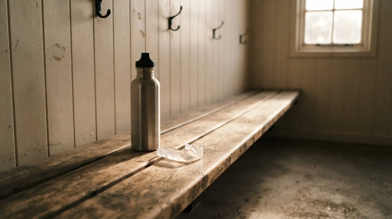 Ein Mundschutz liegt auf einer Holzbank neben einer Trinkflasche in einer schlichten Kabine, durch das Fenster fällt Morgenlicht.