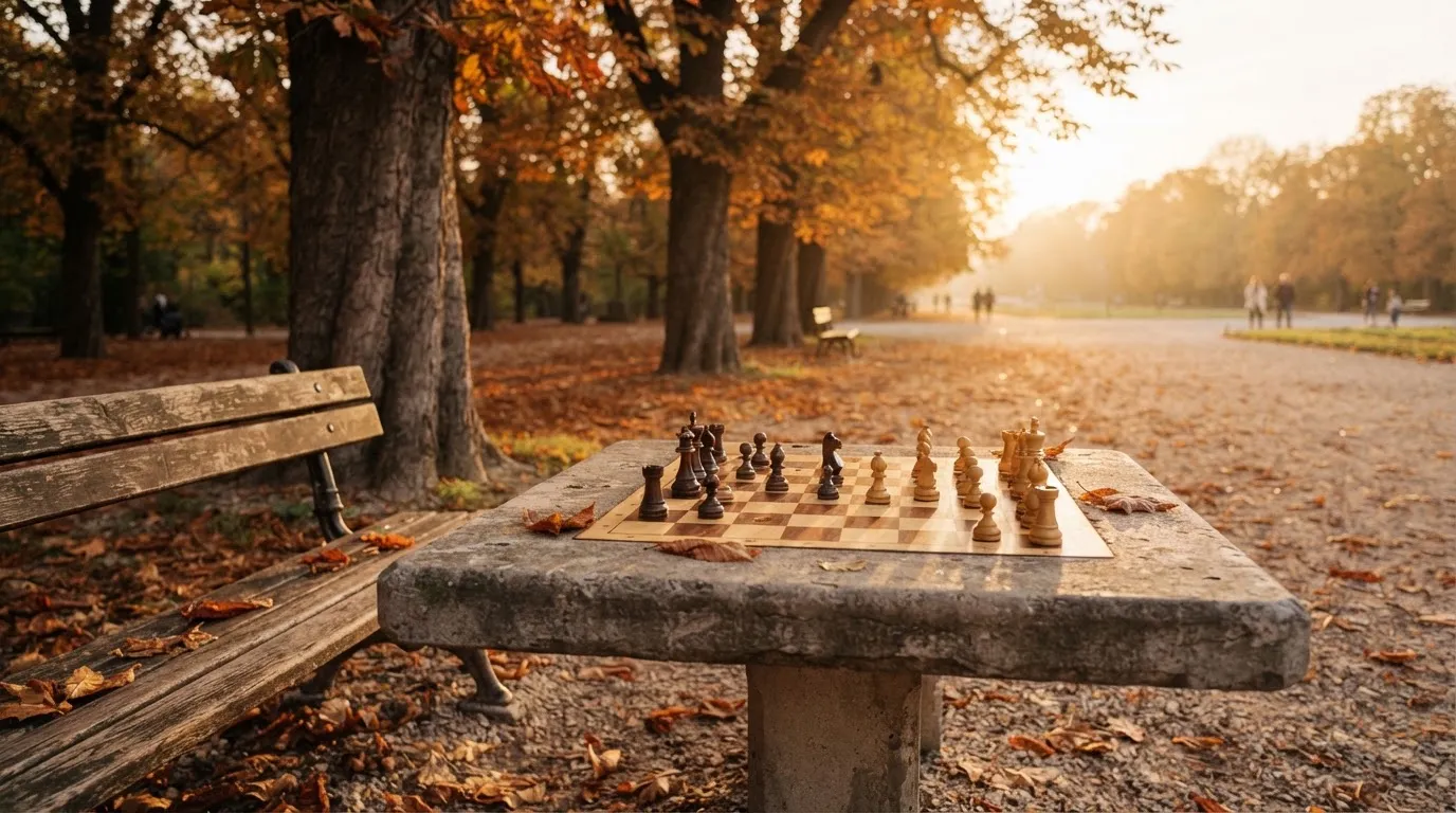 Ein Parkbank-Tisch mit eingelassenem Spielfeld unter alten Kastanien, auf den Wegen liegt Laub und die Sonne steht tief.