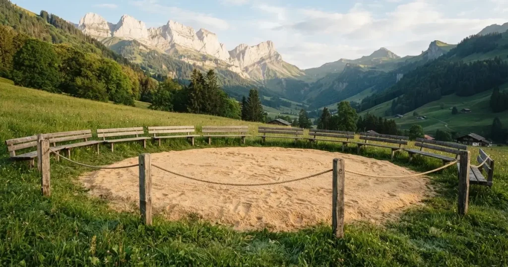 Ein kreisrunder Sägemehlring auf einer Wiese in den Voralpen, leere Holzbänke ringsum, im Hintergrund Berge im Morgenlicht.