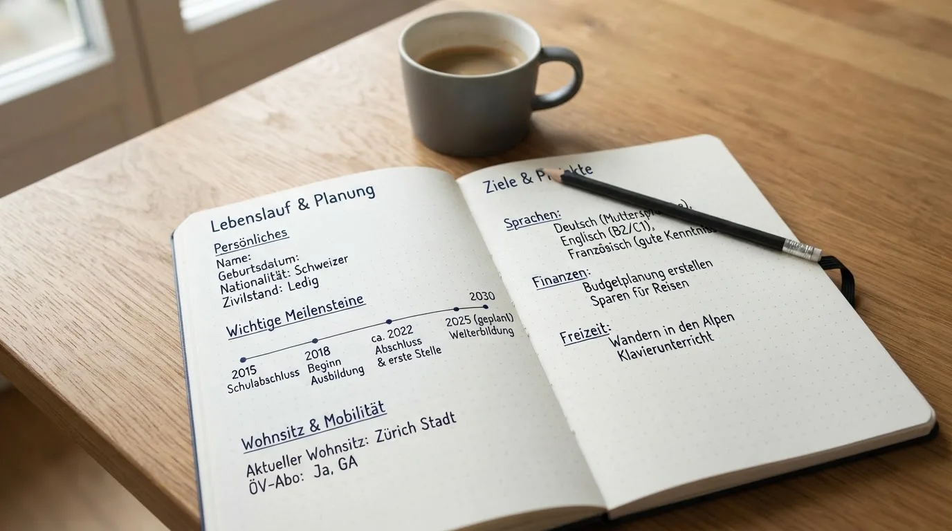Ein aufgeschlagenes Notizbuch mit handschriftlichen Skizzen neben einem Bleistift und einer Kaffeetasse auf einem Holztisch.