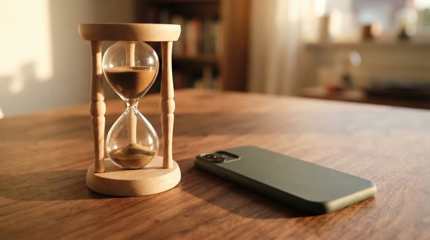 Eine Sanduhr steht auf einem Holztisch neben einem umgedrehten Smartphone, warmes Licht fällt von der Seite ein.