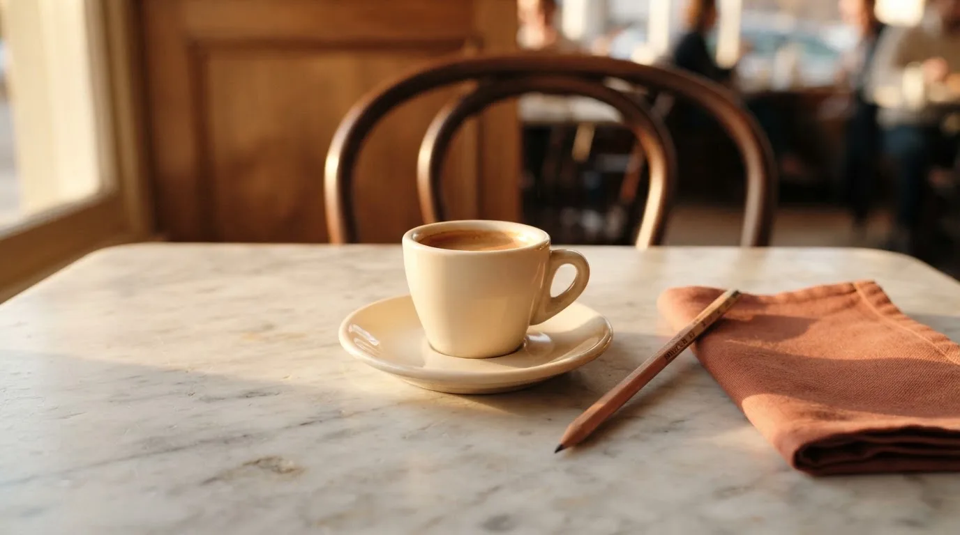 Eine Espressotasse und ein Bleistift liegen auf einem Caféhaustisch neben einer gefalteten Stoffserviette im Licht der Morgensonne.