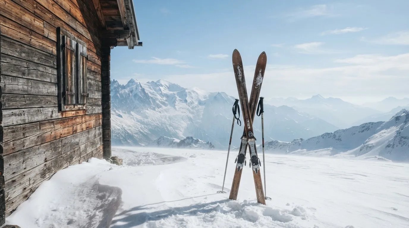 Zwei Skier stecken aufrecht im Schnee neben einer Holzhütte, dahinter ein weites Alpenpanorama bei klarem Himmel.