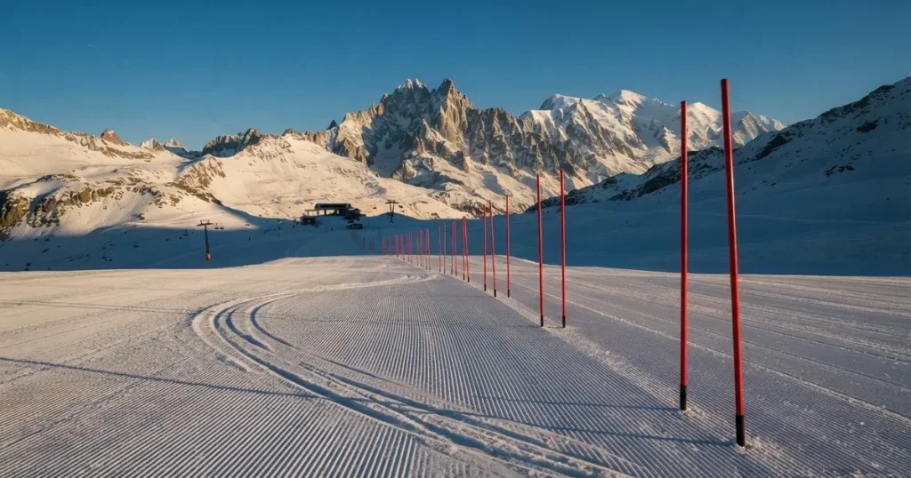Ein frisch präparierter Hang mit Slalomstangen in einer Reihe im ersten Morgenlicht, Schneespuren im Hang und Berge im Hintergrund.