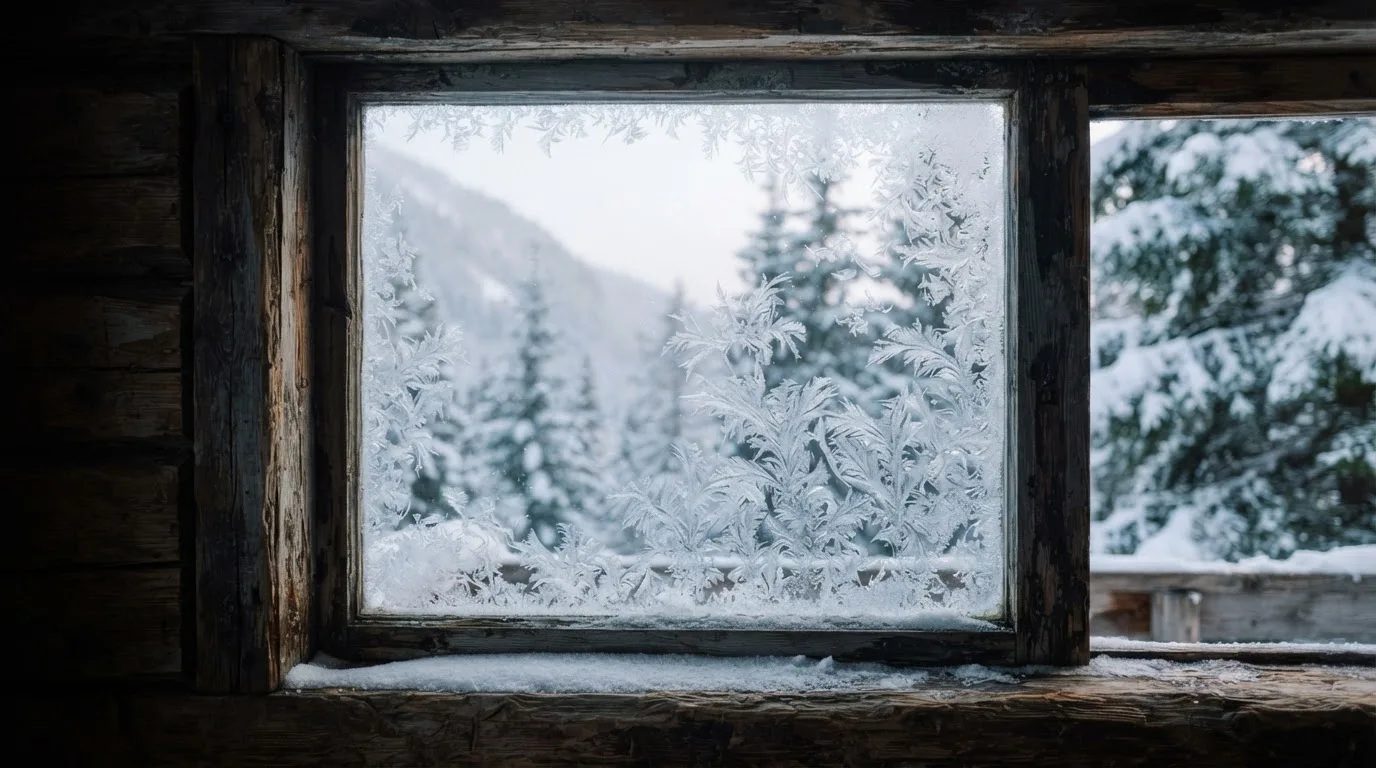 Ein vereistes Fenster einer Berghütte mit Blick auf verschneite Tannen im blassen Winterlicht.
