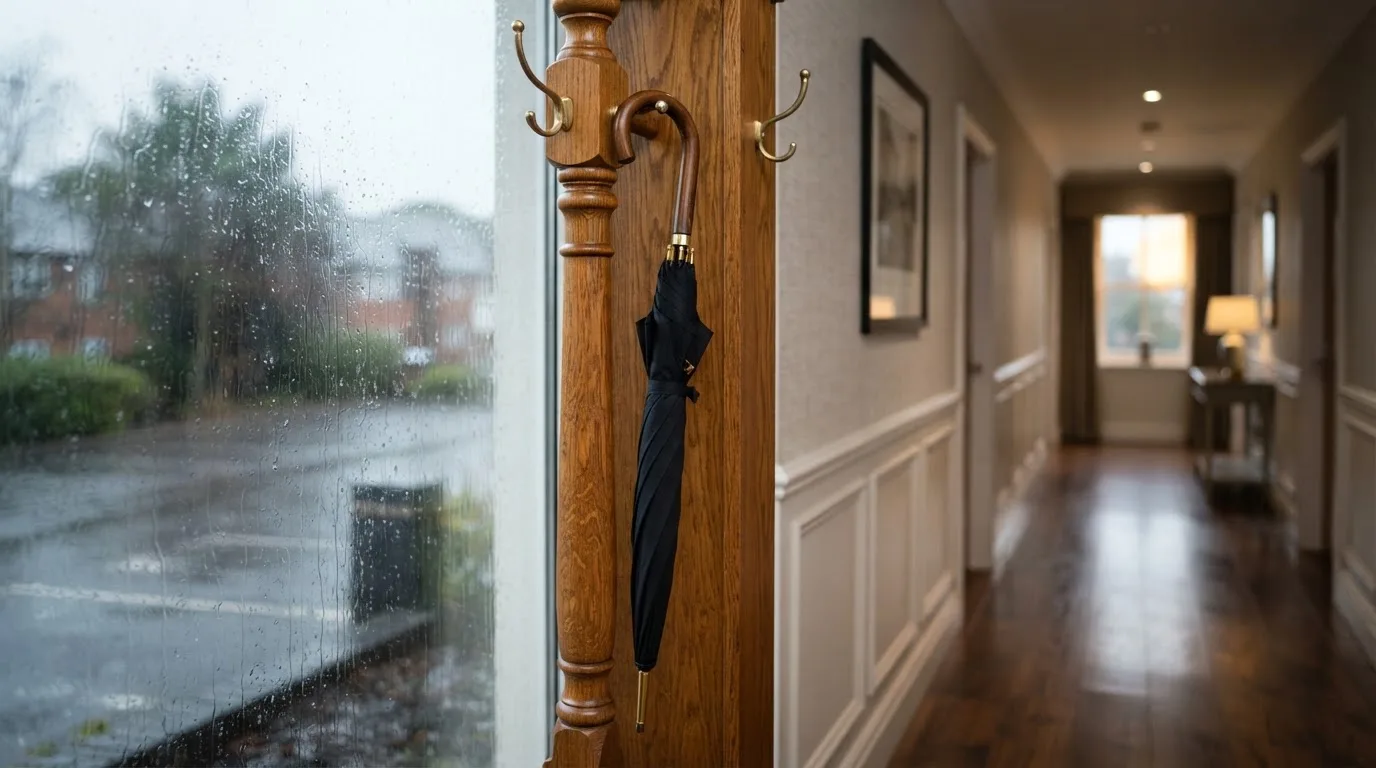 Eine Garderobe aus Holz mit einem dunklen Regenschirm in einem stillen Korridor, am Fenster rinnt Regen herunter.
