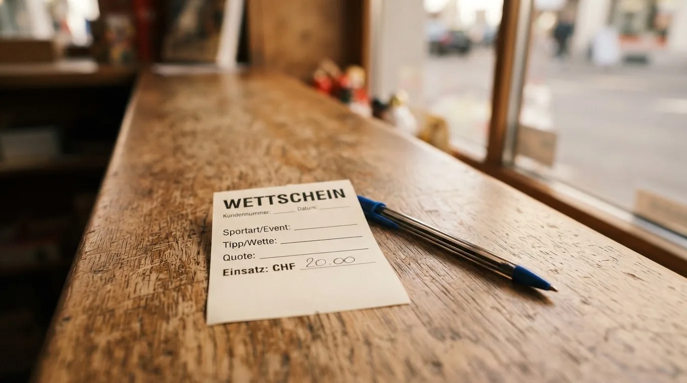 Ein leerer Wettschein aus Papier und ein Kugelschreiber liegen auf einer hölzernen Theke im Nachmittagslicht.