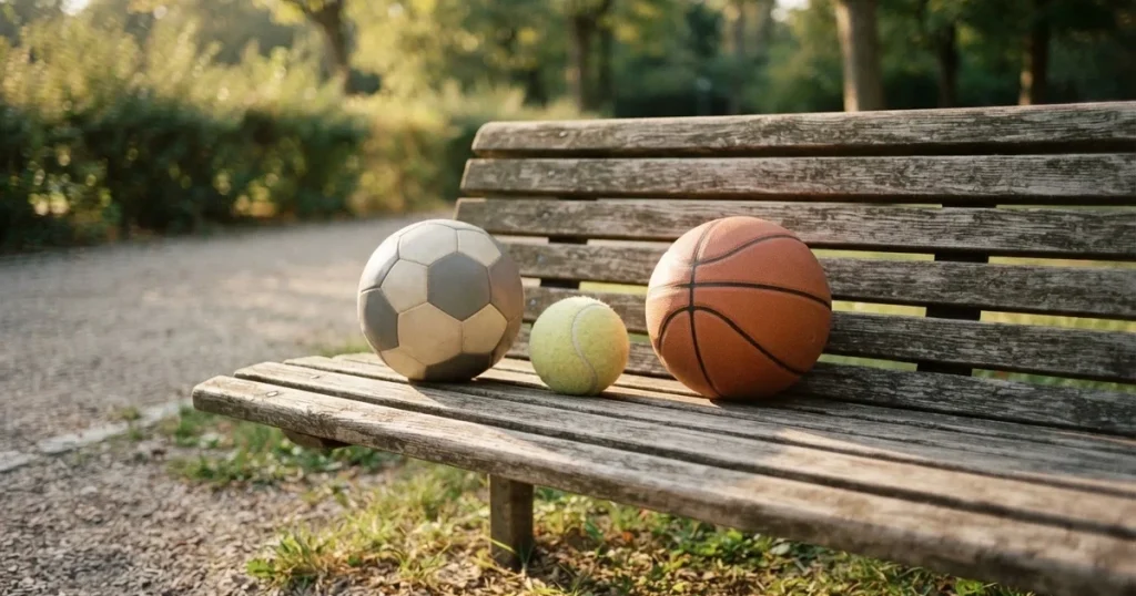 Drei Sportbälle, ein Fussball, ein Tennisball und ein Basketball, liegen nebeneinander auf einer Holzbank.
