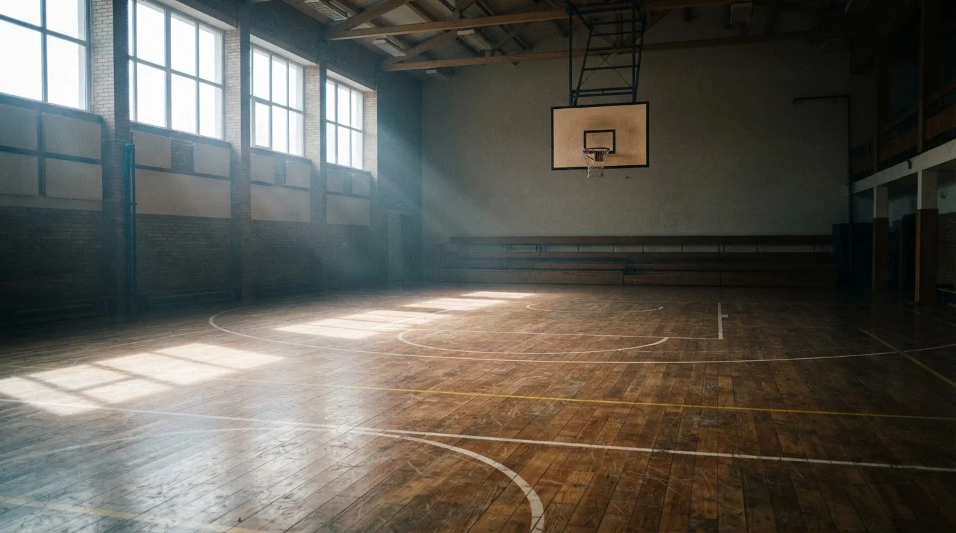 Ein Basketballkorb hängt in einer leeren Turnhalle, durch hohe Fenster fällt Licht auf das Holzparkett.