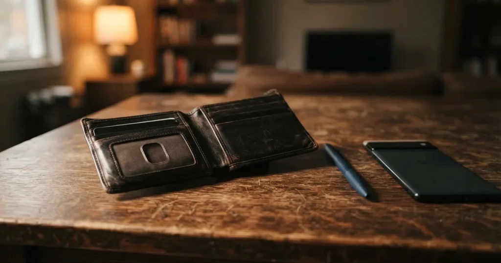Eine leere Geldbörse aus Leder liegt geöffnet auf einem Tisch, daneben ein Kugelschreiber und ein Smartphone mit dunklem Display.