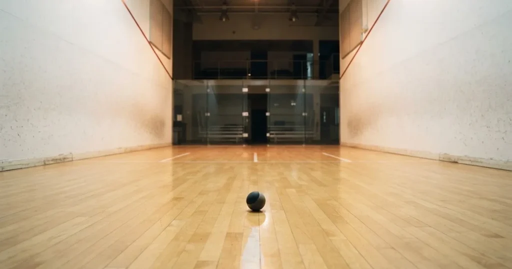 Ein leerer Squashcourt mit weissen Wänden und hellem Holzboden, ein Ball liegt in der Mitte, Deckenlicht spiegelt sich im Parkett.