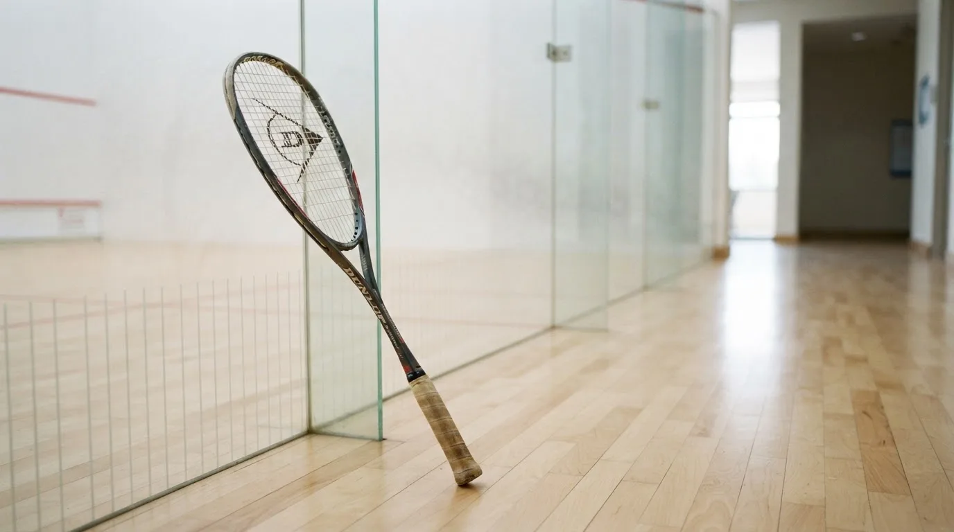 Ein Squashschläger lehnt an der Glaswand eines leeren Courts, draussen fällt Tageslicht in den Gang.