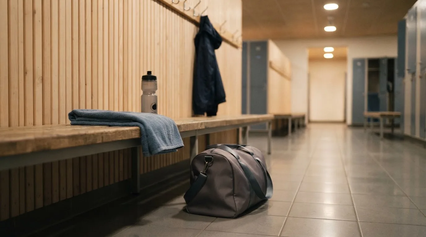 Ein Frottiertuch und eine Trinkflasche liegen auf einer Bank neben einer Sporttasche in einer ruhigen Garderobe.